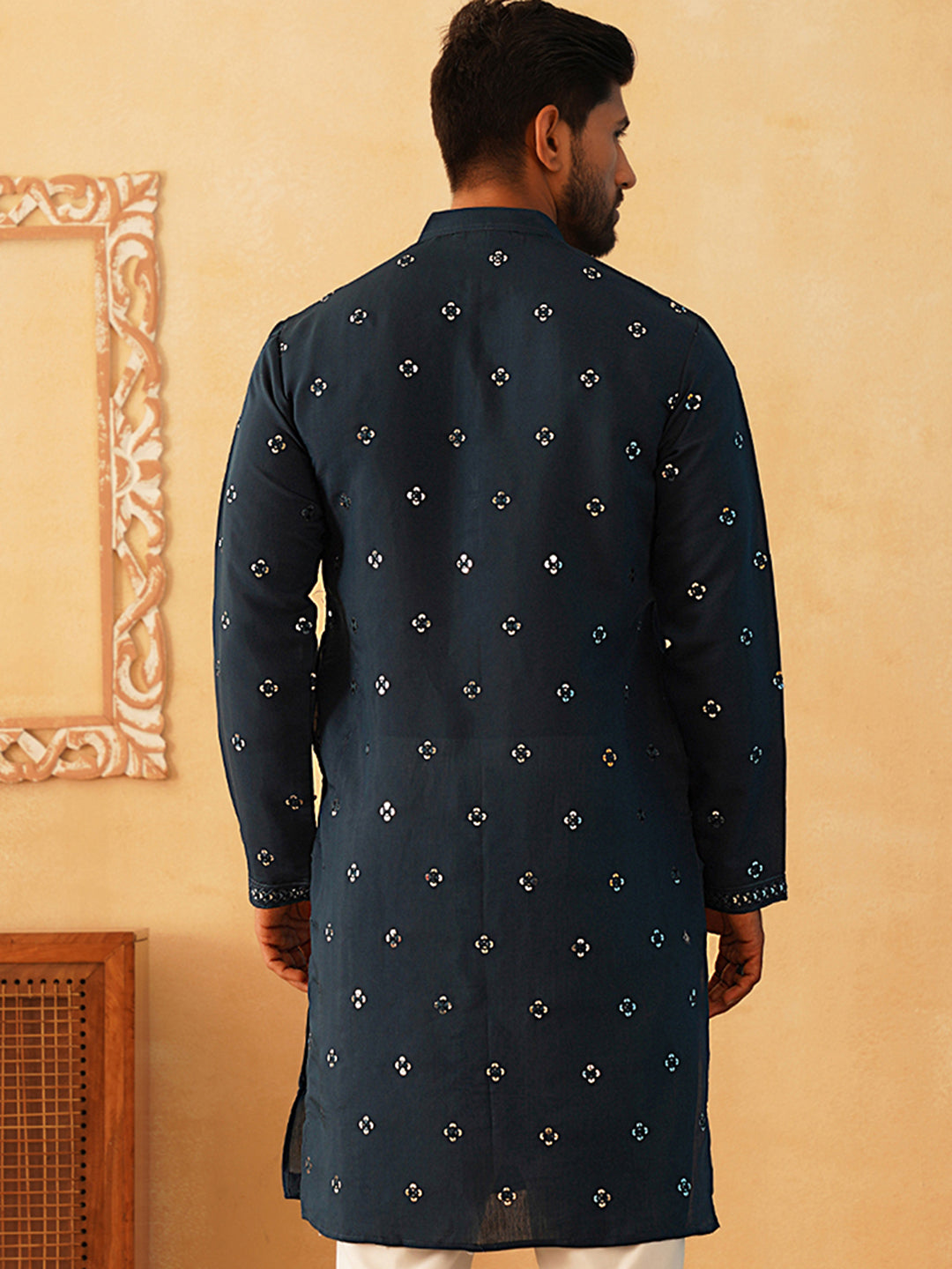 Embroidered & Sequin Cotton Blend Kurtas-KO-5085Peacock