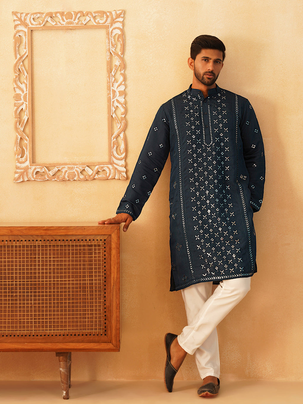 Embroidered & Sequin Cotton Blend Kurtas-KO-5085Peacock