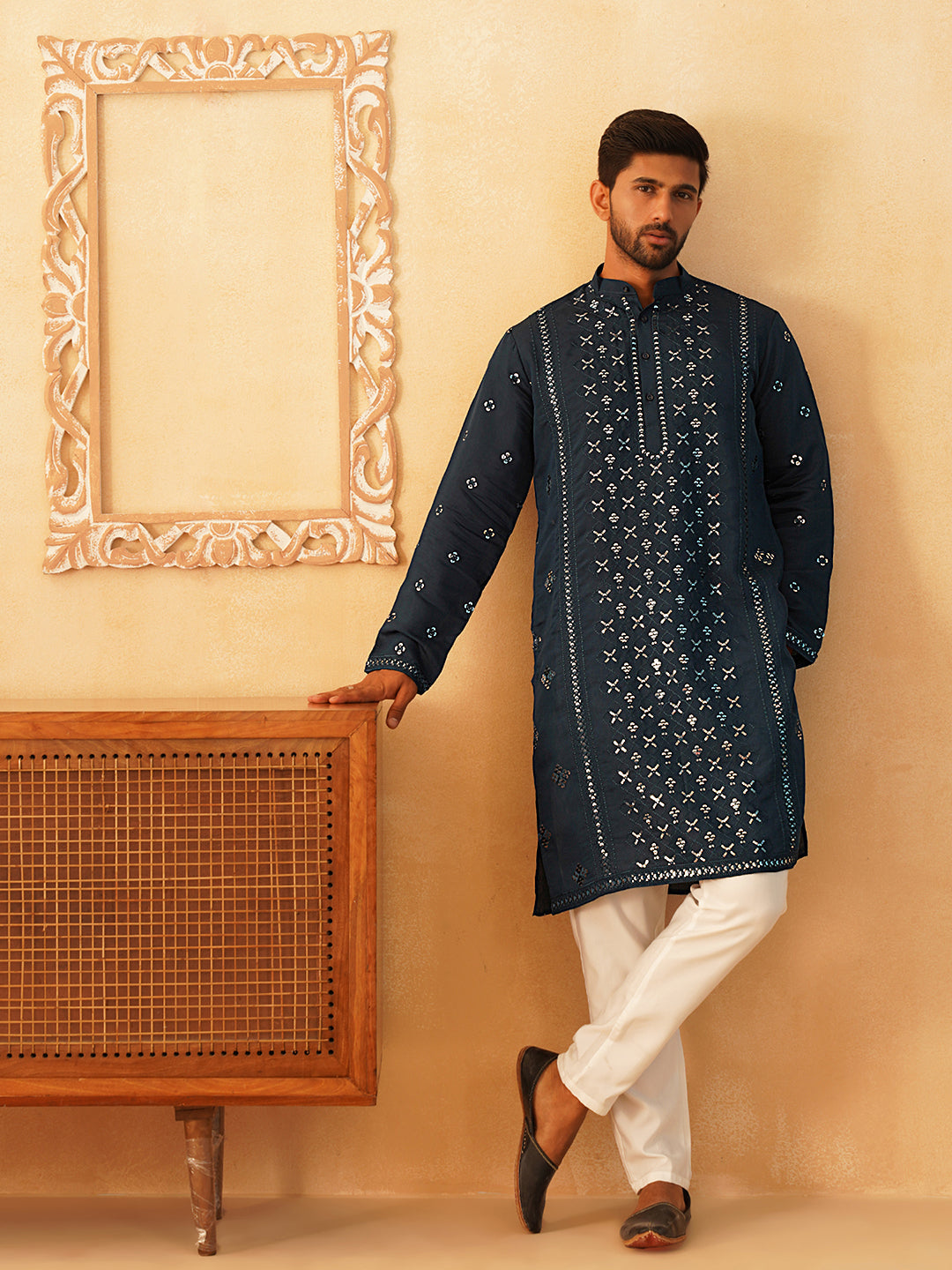 Embroidered & Sequin Cotton Blend Kurtas-KO-5085Peacock