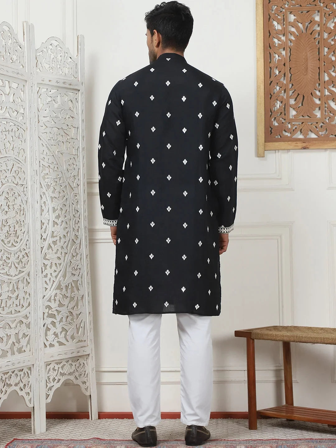 Embroidered & Sequin Cotton Blend Kurta Pyjama Sets-JOKP-PN