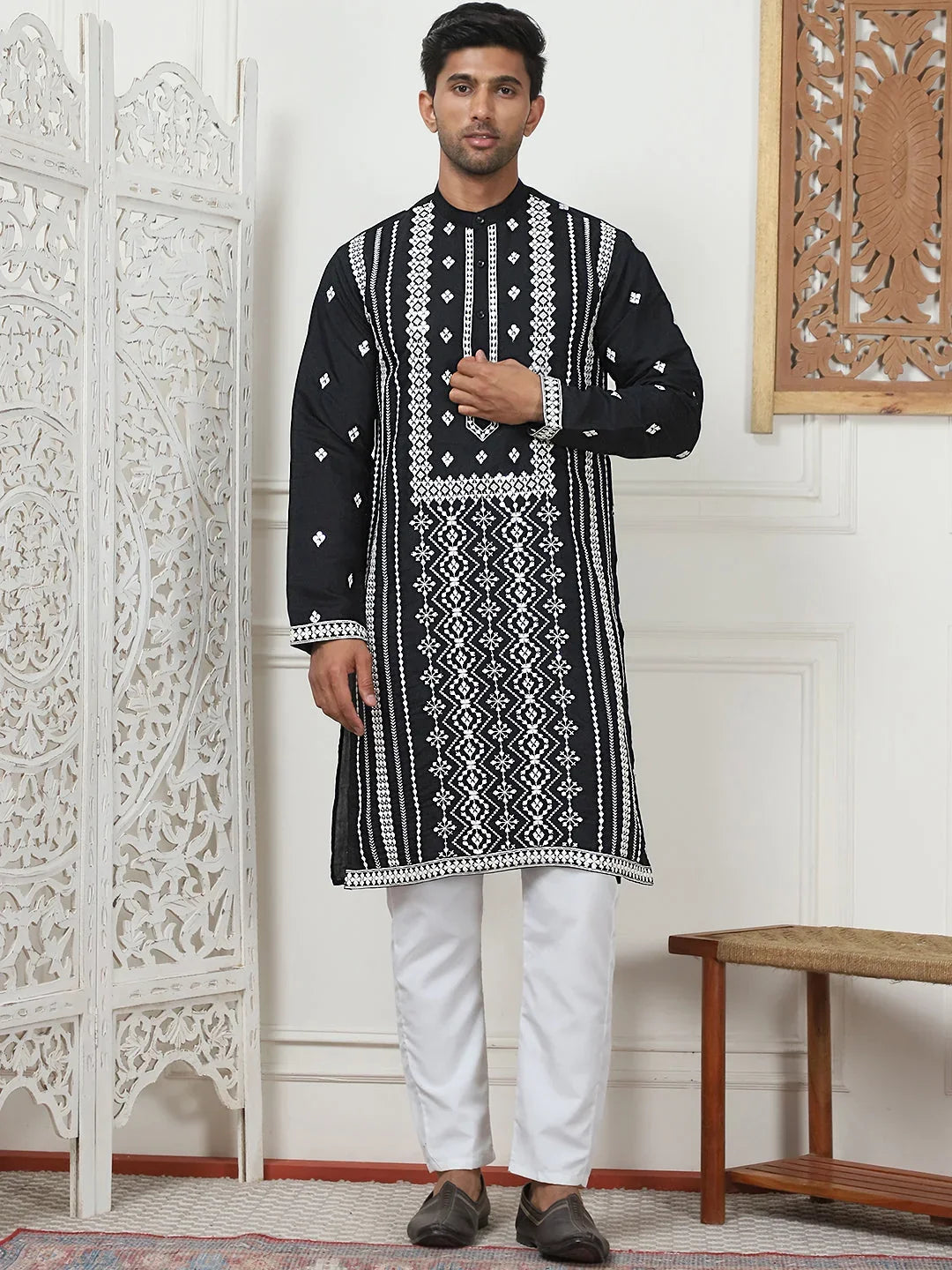 Embroidered & Sequin Cotton Blend Kurta Pyjama Sets-JOKP-PN