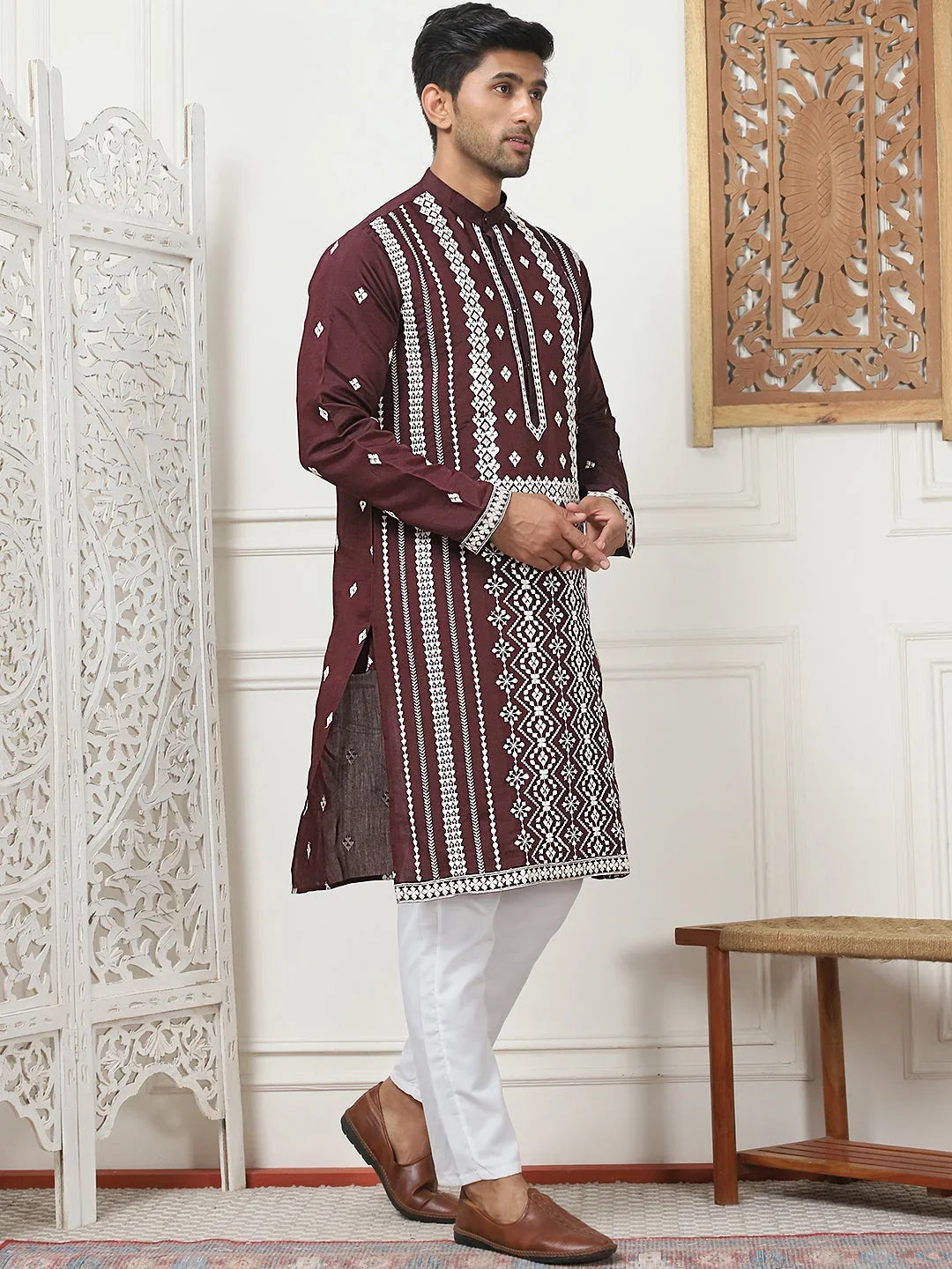 Embroidered & Sequin Cotton Blend Kurta Pyjama Sets-JOKP-P