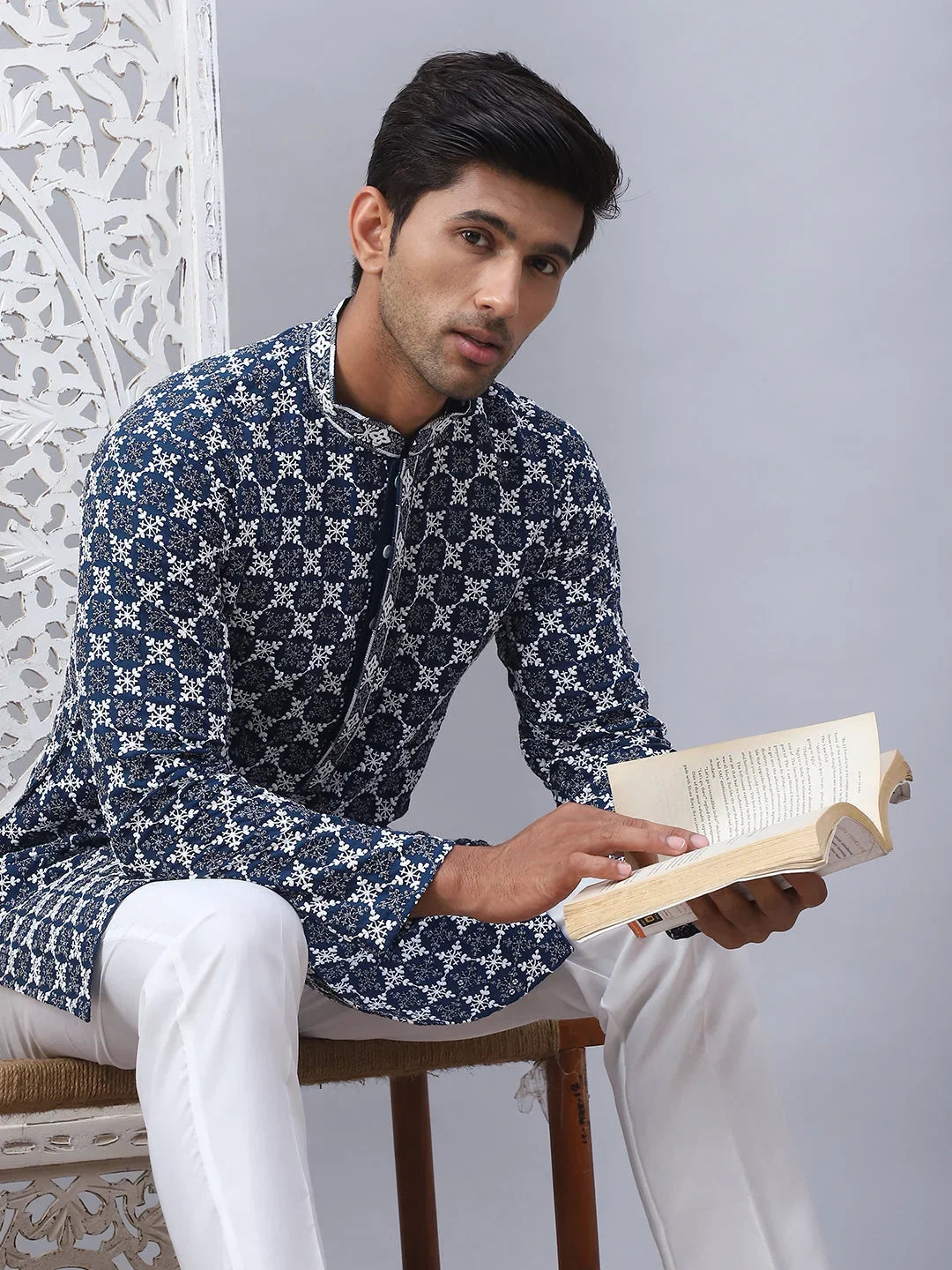 Embroidered Kurta Pyjama for Men-JOKP-5092Peacock