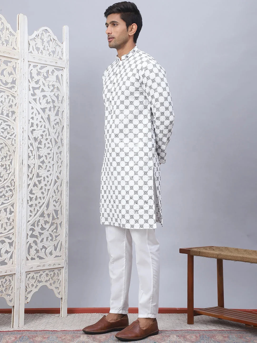 Embroidered Kurta Pyjama for Men-JOKP-5092White