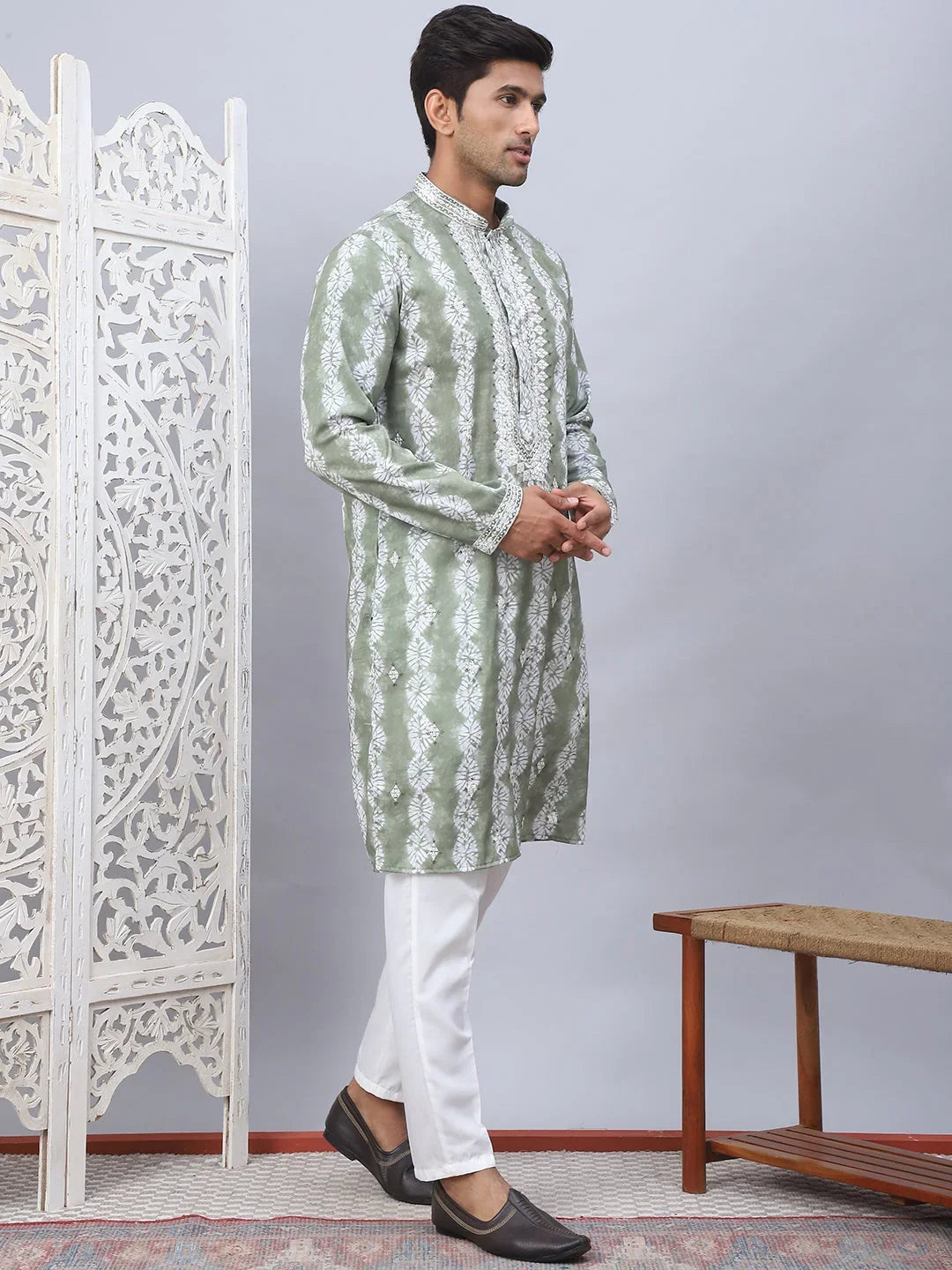 Tie-dye Embroidered & Sequin Kurta With Pyjama-JOKP-5093Green