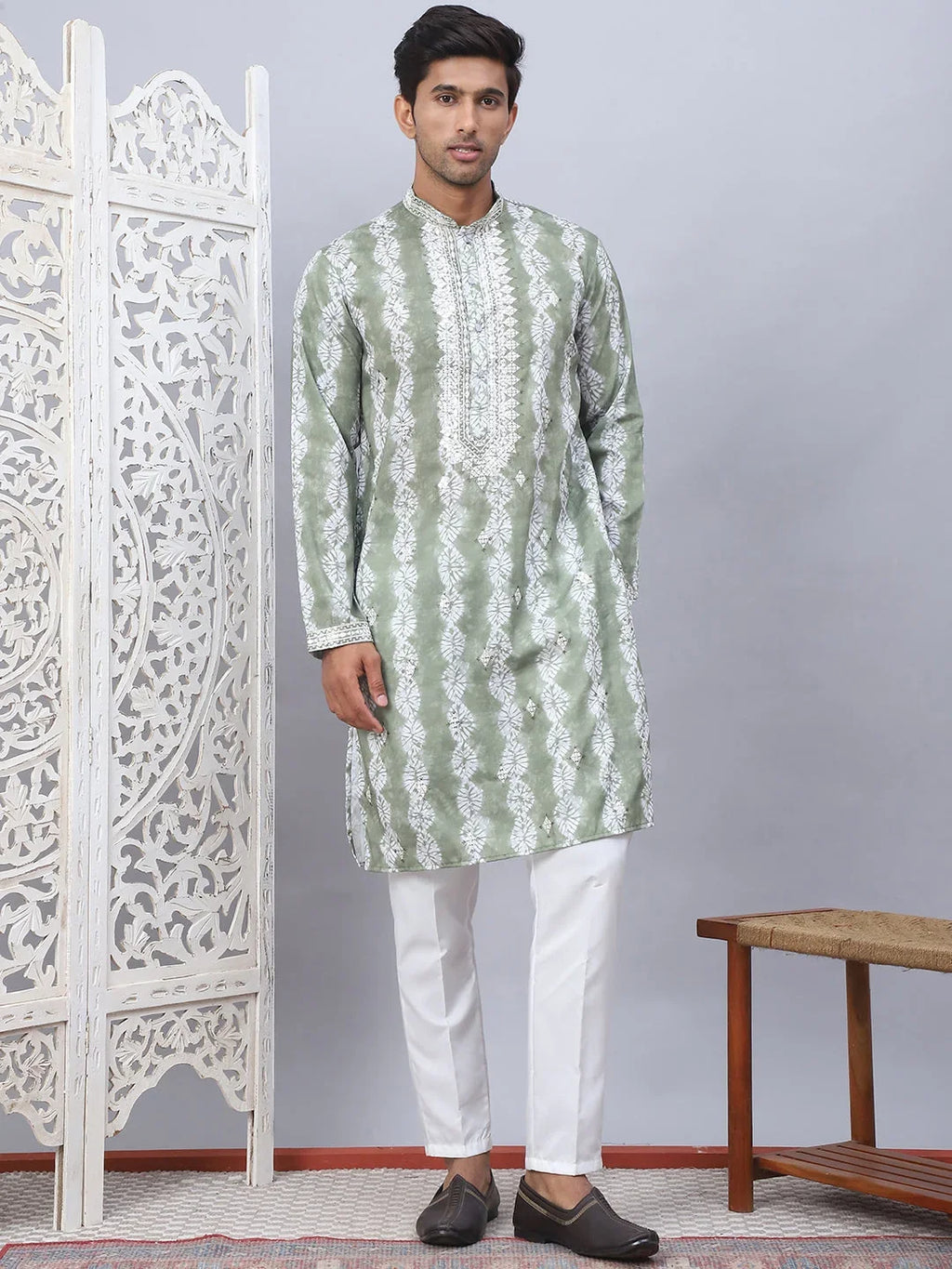 Tie-dye Embroidered & Sequin Kurta With Pyjama-JOKP-5093Green