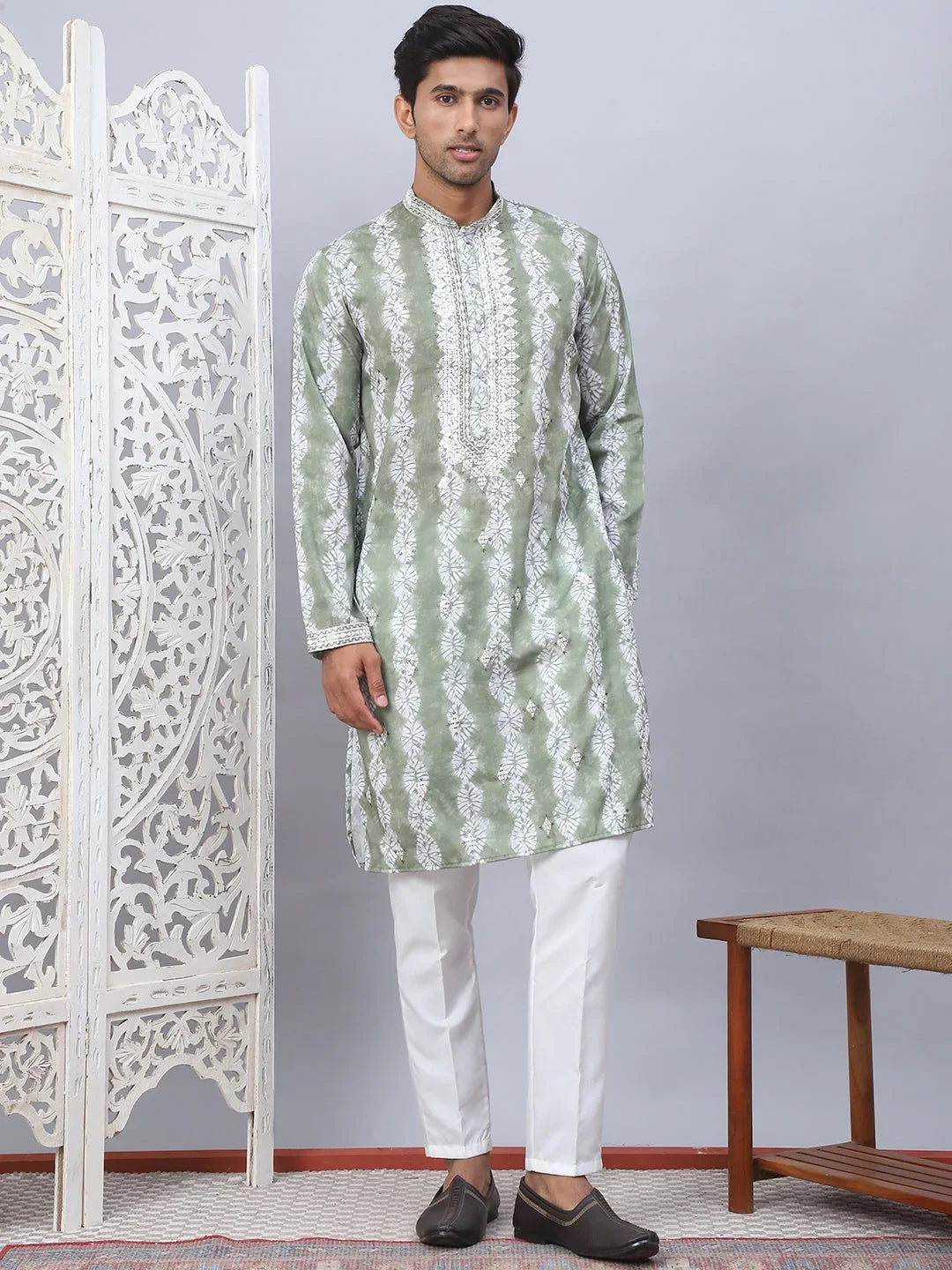 Tie-dye Embroidered & Sequin Kurta With Pyjama-JOKP-5093Green