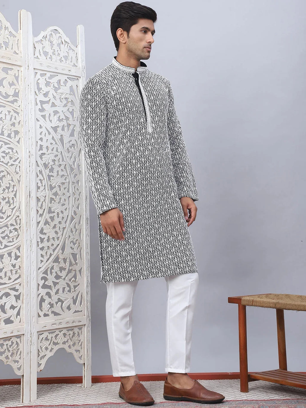 Men's Black Chikankari Embroidered and Sequence Kurta with Pyjama-JOKP-5094Black