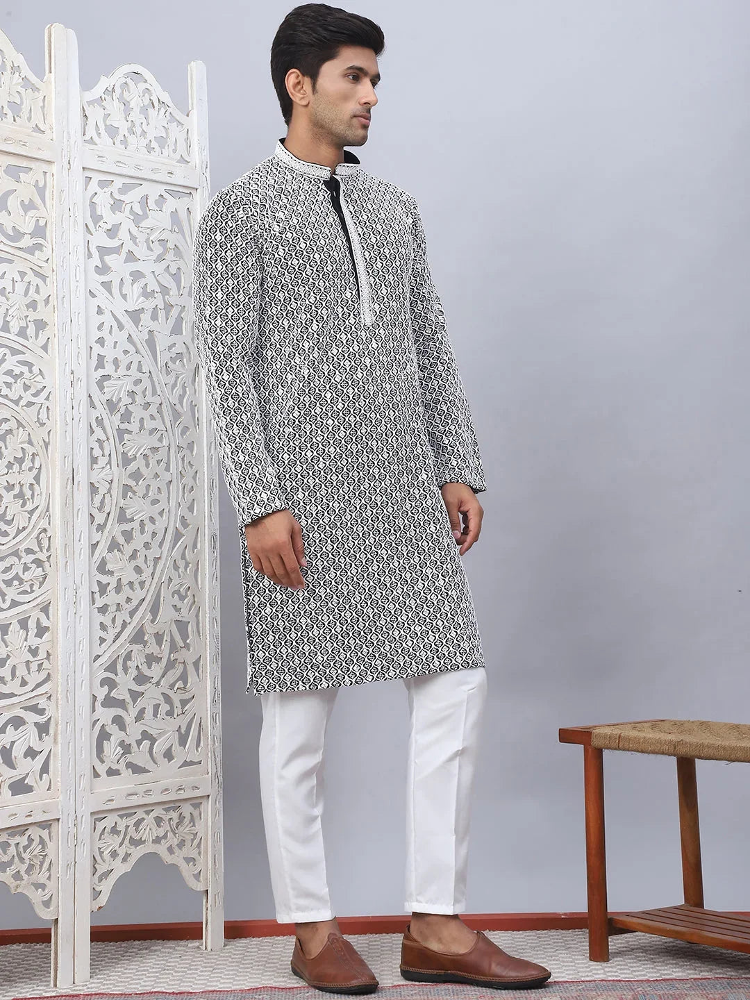 Men's Black Chikankari Embroidered and Sequence Kurta with Pyjama-JOKP-5094Black