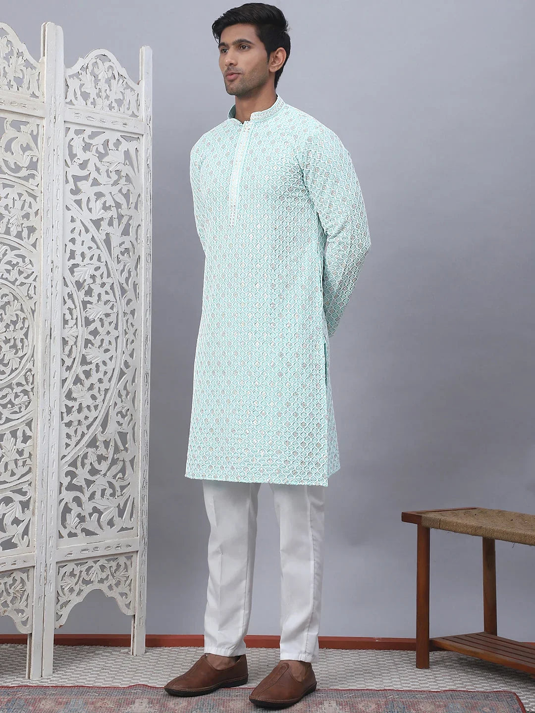 Men's Sky Blue Chikankari Embroidered and Sequence Kurta with Pyjama-JOKP-5094Sky