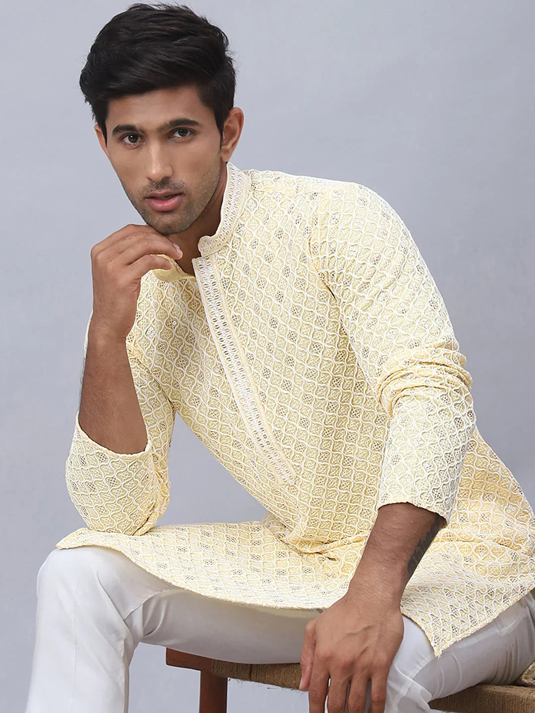 Men's Yellow Chikankari Embroidered and Sequence Kurta with Pyjama-JOKP-5094Yellow