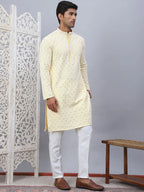 Men's Yellow Chikankari Embroidered and Sequence Kurta with Pyjama-JOKP-5094Yellow