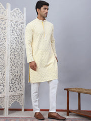 Men's Yellow Chikankari Embroidered and Sequence Kurta with Pyjama-JOKP-5094Yellow