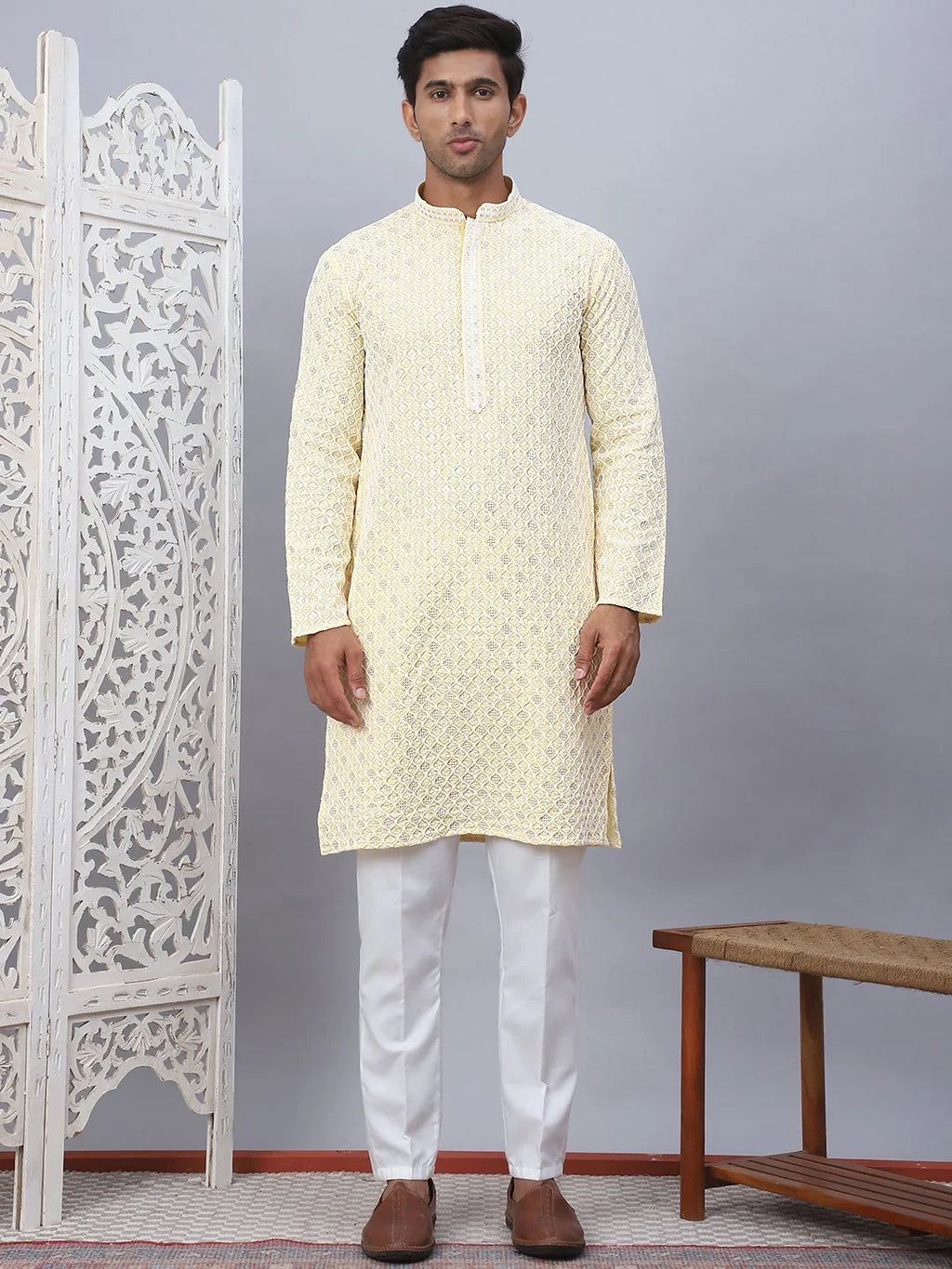 Men's Yellow Chikankari Embroidered and Sequence Kurta with Pyjama-JOKP-5094Yellow