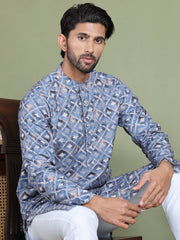 Embroidered and Printed Cotton Blend Kurta Pyjama ( JOKP 5141Blue ) [FF] [C-3]