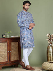 Embroidered and Printed Cotton Blend Kurta Pyjama ( JOKP 5141Blue ) [FF] [C-3]