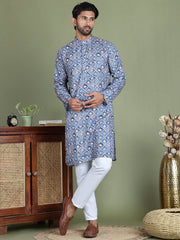 Embroidered and Printed Cotton Blend Kurta Pyjama ( JOKP 5141Blue ) [FF] [C-3]