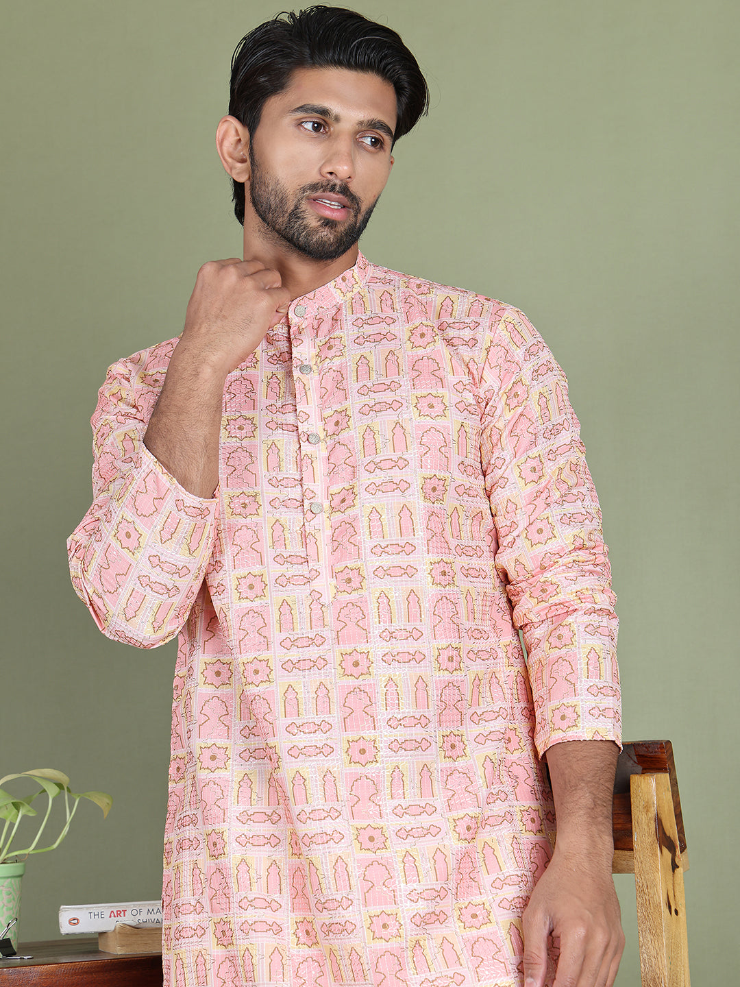 Embroidered and Printed Cotton Blend Kurta Pyjama ( JOKP 5141Peach ) [FF] [C-3]