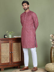 Embroidered and Printed Cotton Blend Kurta Pyjama ( JOKP 5142Maroon ) [FF] [C-3]