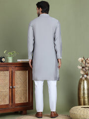 Embroidered and Mirror Work Kurta Pyjama Sets for Men ( JOKP 5149Grey )