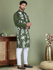 Embroidered Straight Kurta Pyjama Set ( JOKP 5150Olive ) [FF] [J-3-4]