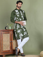 Embroidered Straight Kurta Pyjama Set ( JOKP 5150Olive ) [FF] [J-3-4]
