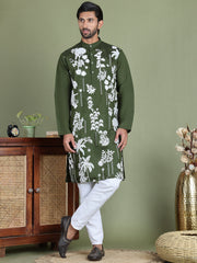 Embroidered Straight Kurta Pyjama Set ( JOKP 5150Olive ) [FF] [J-3-4]