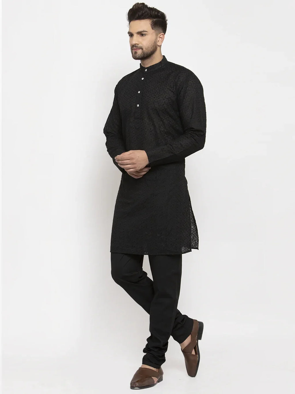 Men Black Chikan Kurta with Churidar ( JOKP 561 Black )-JOKP-561