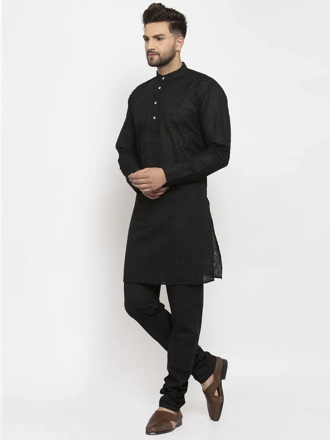 Men Black Chikan Kurta with Churidar ( JOKP 561 Black )-JOKP-561