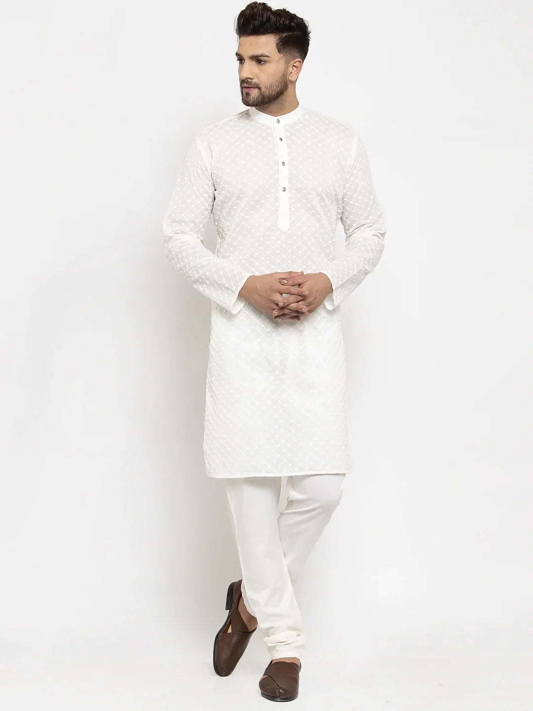 Men Cream Chikan Kurta with Churidar ( JOKP 561 Cream )-JOKP-561