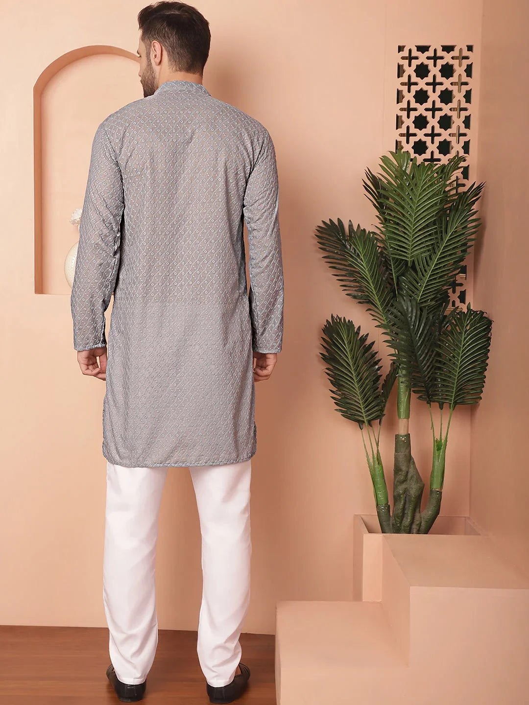 Chikankari Pure Cotton Kurta with Churidar-JOKP-561Grey