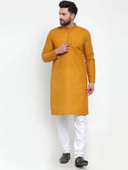 Men Mustard Chikan Kurta with Churidar ( JOKP 561 Mustard )-JOKP-561