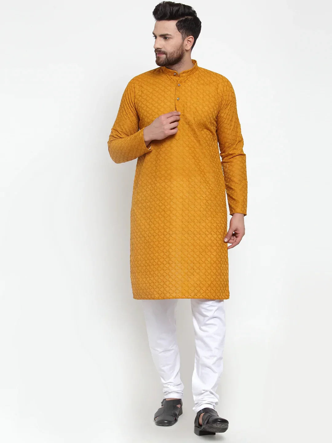 Men Mustard Chikan Kurta with Churidar ( JOKP 561 Mustard )-JOKP-561