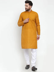 Men Mustard Chikan Kurta with Churidar ( JOKP 561 Mustard )-JOKP-561