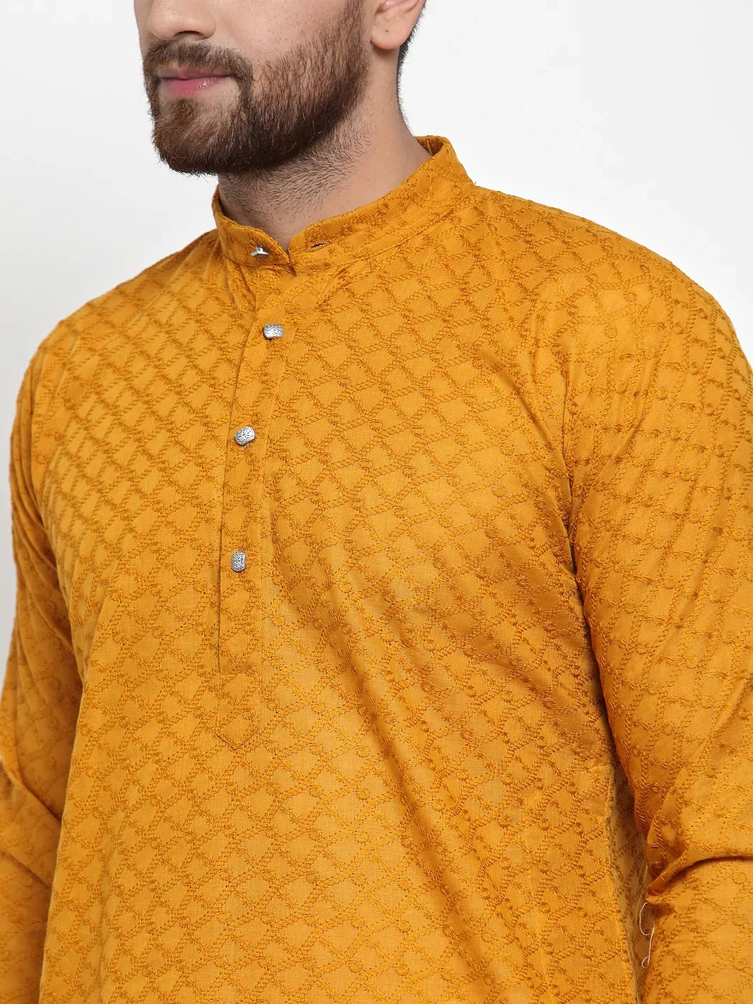 Men Mustard Chikan Kurta with Churidar ( JOKP 561 Mustard )-JOKP-561