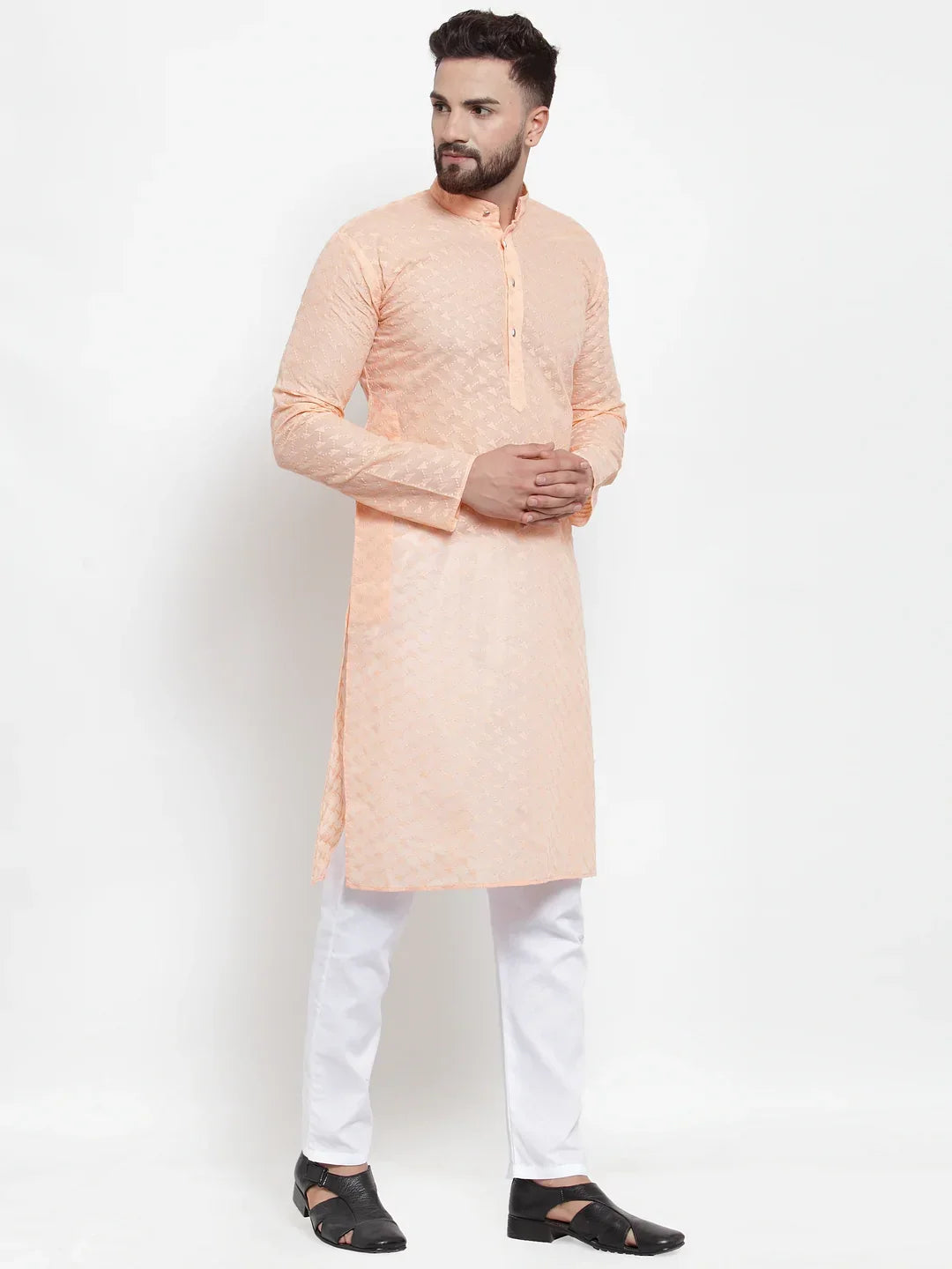 Men Orange Chikan Kurta with Churidar ( JOKP 561 Orange )-JOKP-561