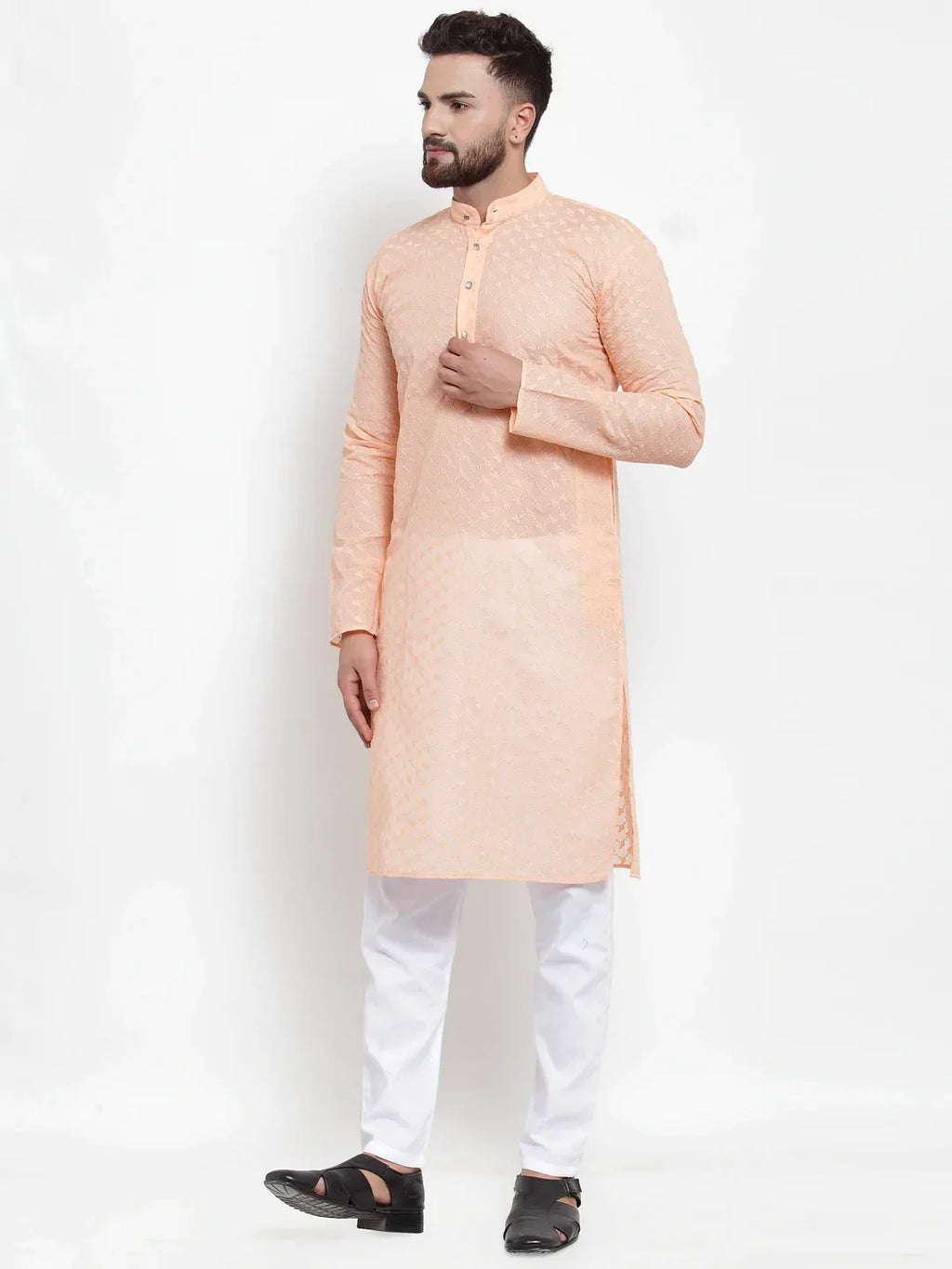 Men Orange Chikan Kurta with Churidar ( JOKP 561 Orange )-JOKP-561