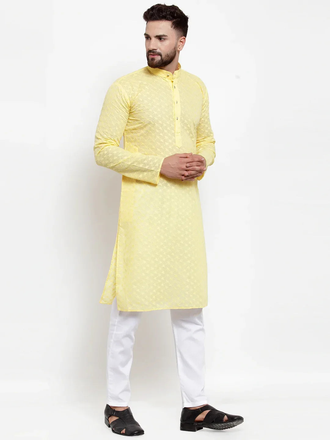 Men Yellow Chikan Kurta with Churidar ( JOKP 561 Yellow )-JOKP-561