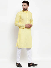 Men Yellow Chikan Kurta with Churidar ( JOKP 561 Yellow )-JOKP-561