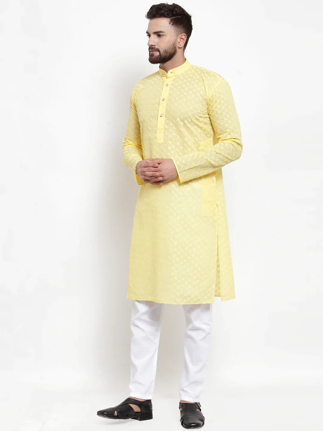 Men Yellow Chikan Kurta with Churidar ( JOKP 561 Yellow )-JOKP-561
