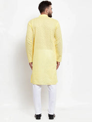 Men Yellow Chikan Kurta with Churidar ( JOKP 561 Yellow )-JOKP-561