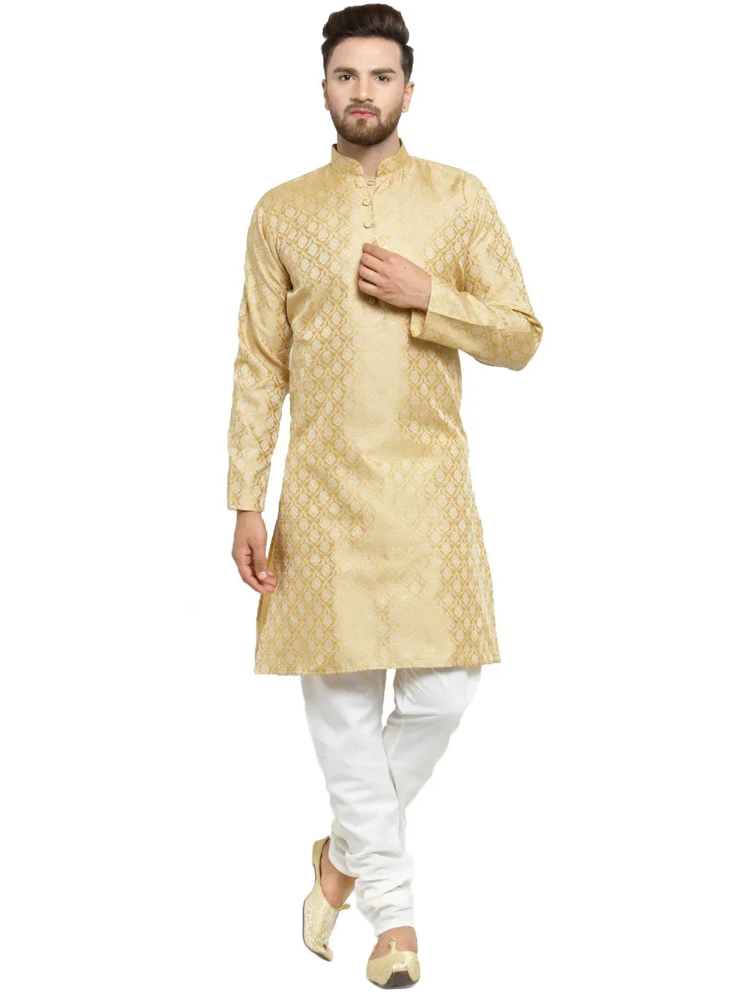 Men Golden Self Design Kurta with Churidar ( JOKP 568 Golden )-JOKP-568
