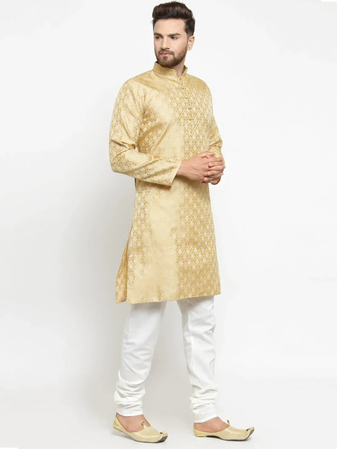 Men Golden Self Design Kurta with Churidar ( JOKP 568 Golden )-JOKP-568
