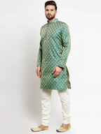 Men Green & Beige Self Design Kurta with Churidar ( JOKP 568 Green )-JOKP-568