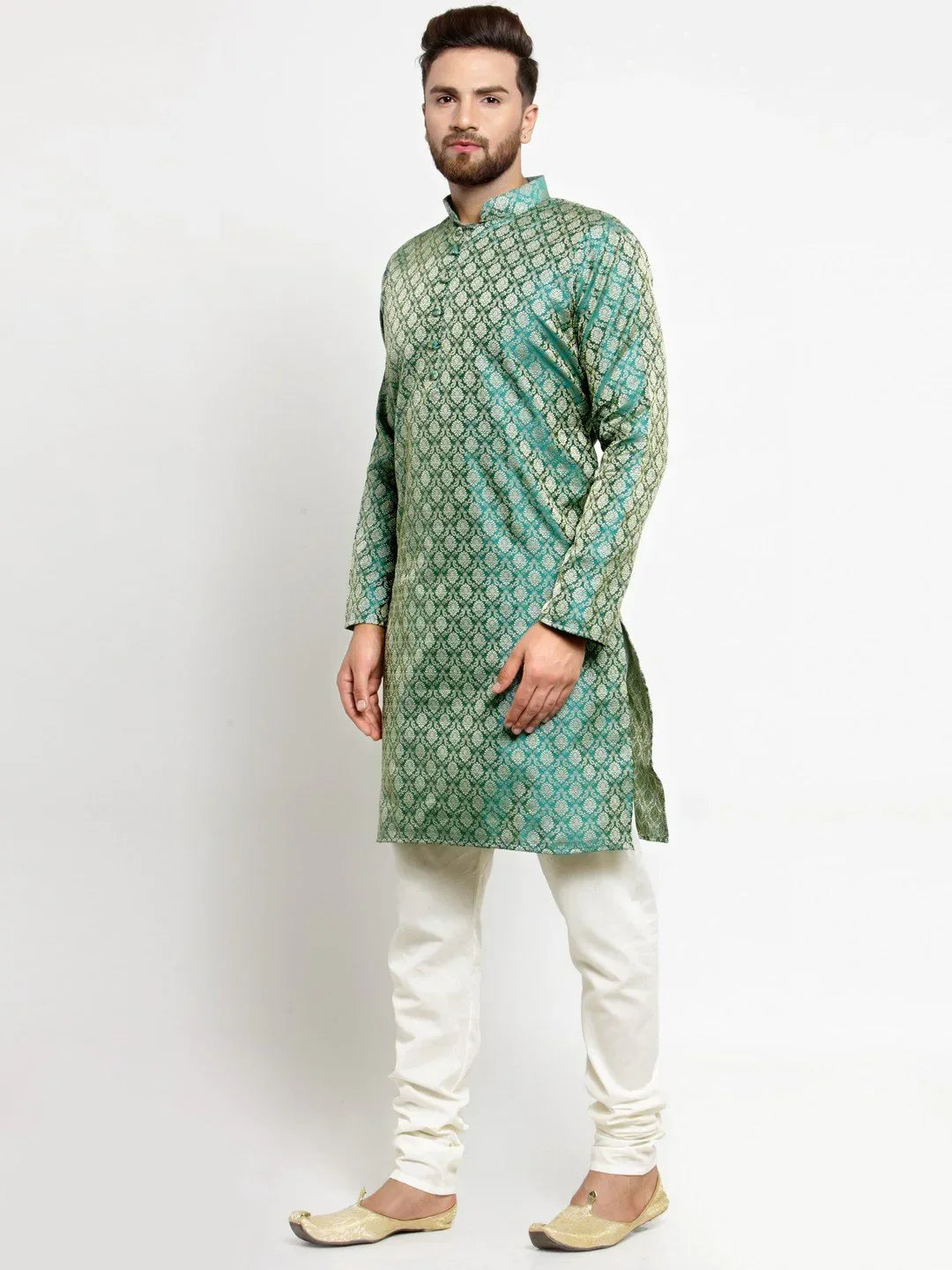 Men Green & Beige Self Design Kurta with Churidar ( JOKP 568 Green )-JOKP-568