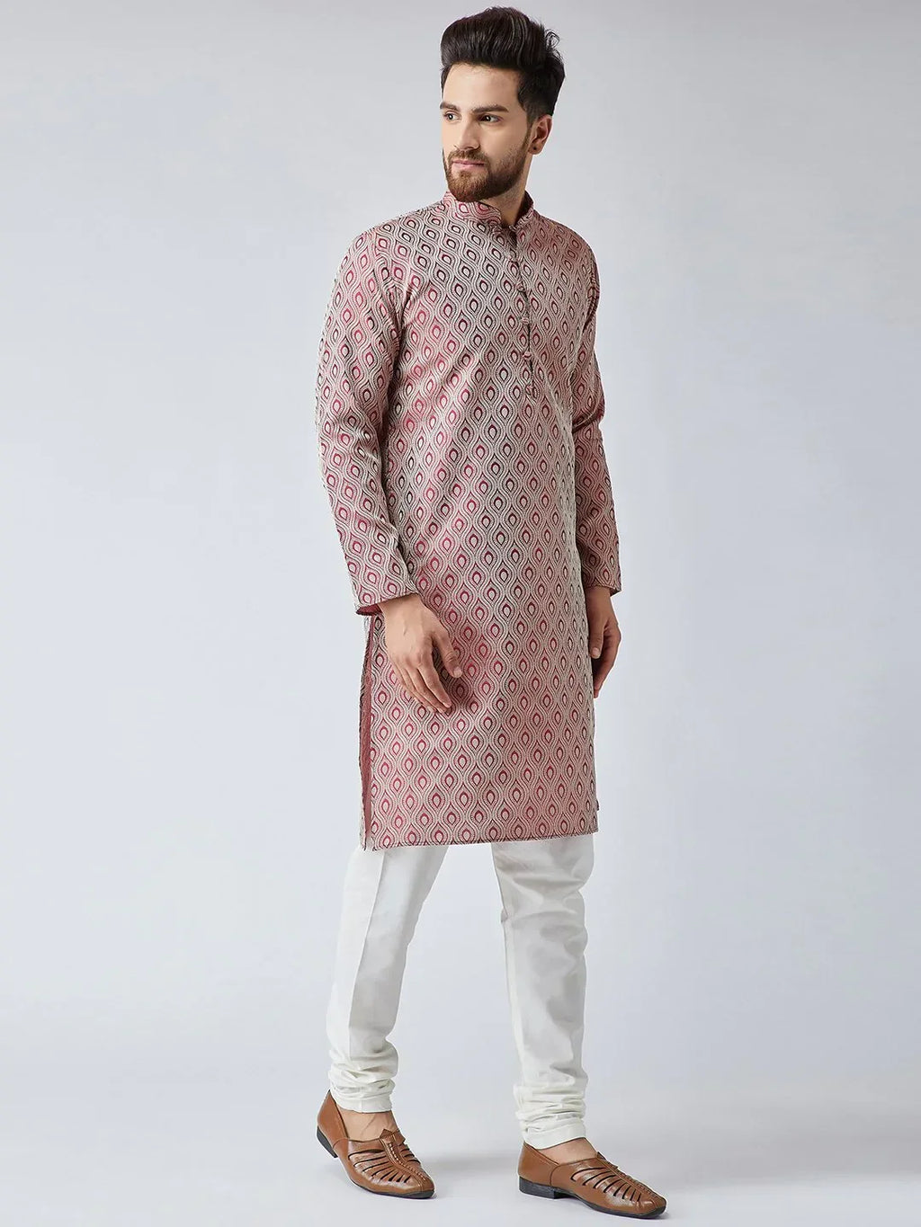 Men Maroon & Off-White Self Design Kurta with Churidar ( JOKP 569Maroon )-JOKP-569