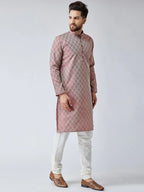 Men Maroon & Off-White Self Design Kurta with Churidar ( JOKP 569Maroon )-JOKP-569
