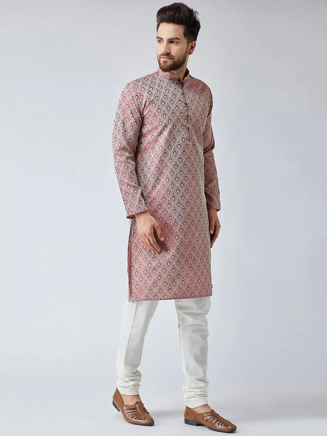Men Maroon & Off-White Self Design Kurta with Churidar ( JOKP 569Maroon )-JOKP-569