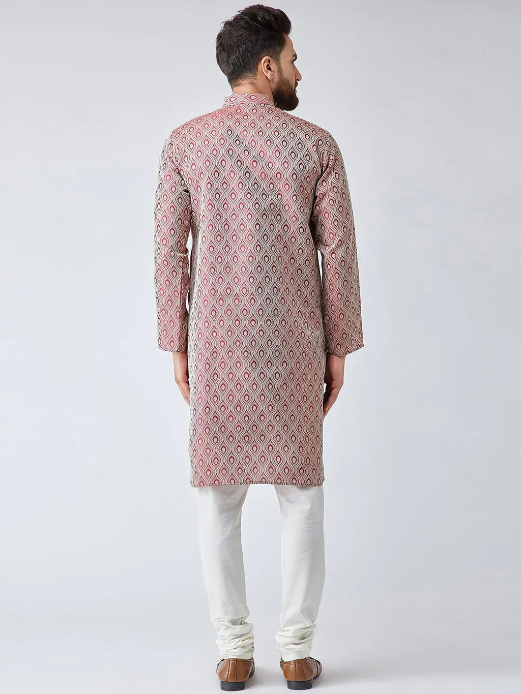 Men Maroon & Off-White Self Design Kurta with Churidar ( JOKP 569Maroon )-JOKP-569