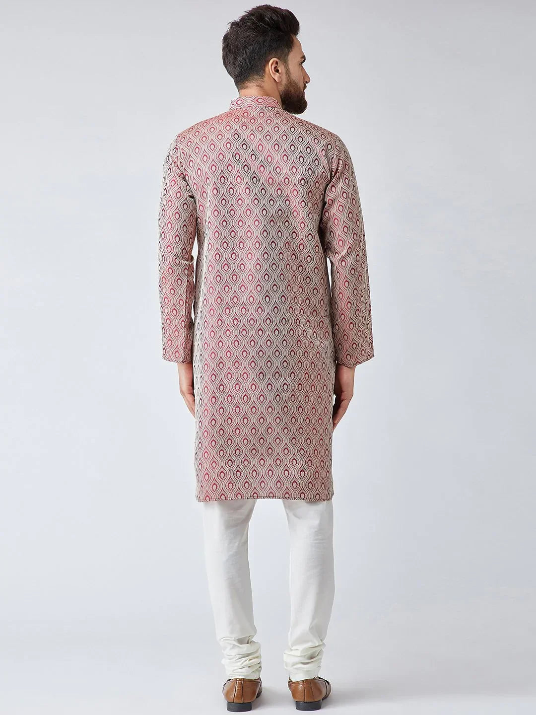 Men Maroon & Off-White Self Design Kurta with Churidar ( JOKP 569Maroon )-JOKP-569